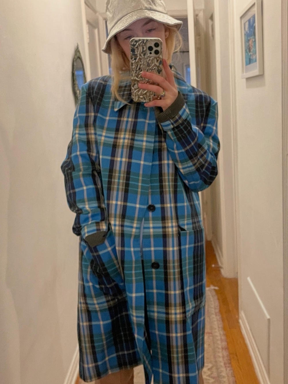 Ami Blue Plaid Long Trench Coat